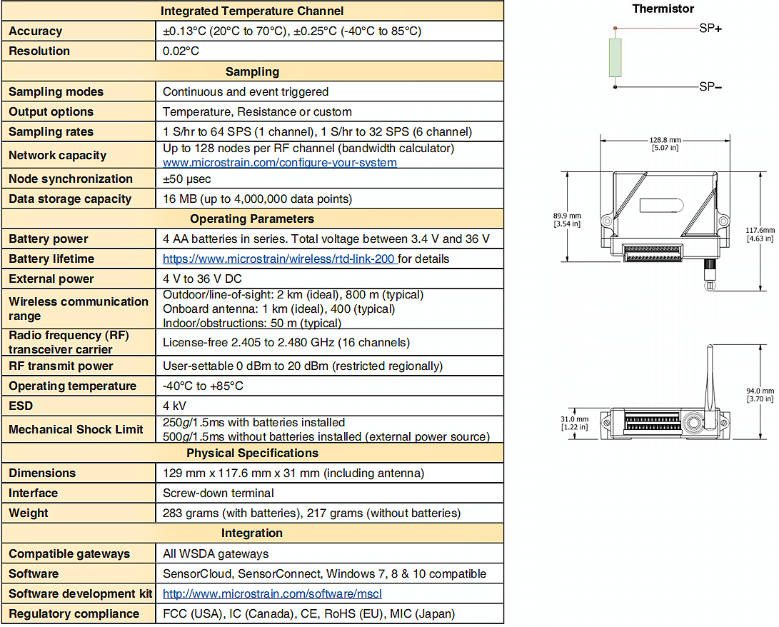 RTD-LINK-200無線傳感器的規(guī)格參數(shù)