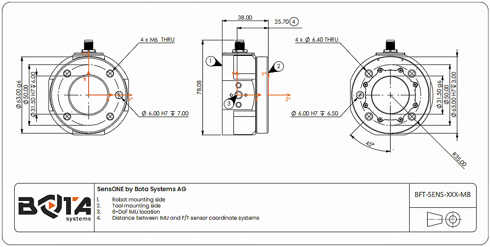 SensONE6軸力扭矩傳感器的機械尺寸