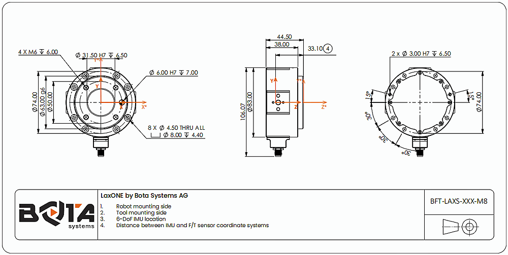 LaxONE6軸力扭矩傳感器的機(jī)械尺寸