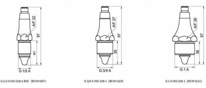 G  1/2  A  ISO  228?1  BSC（BCID：G07）、G  3/4  A  ISO  228?1（BCID：G10）及G  1  A  ISO  228?1（BCID：G11）的尺寸圖