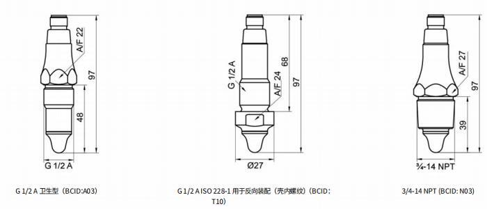 G  1/2  A  衛(wèi)生型（BCID：A03）、G  1/2  A  ISO  228?1  用于反向裝配（殼內(nèi)螺紋）（BCID：T10）及3/4?14  NPT  (BCID:  N03)的尺寸圖