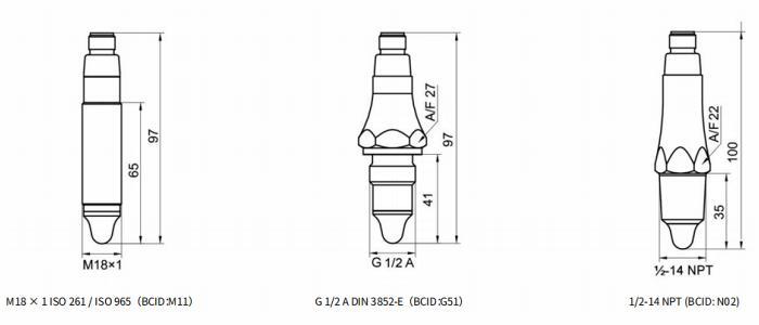 M18  ×  1  ISO  261 /  ISO  965（BCID：M11）、G  1/2  A  DIN  3852?E（BCID：G51）及1/2?14  NPT  (BCID:  N02)的尺寸圖