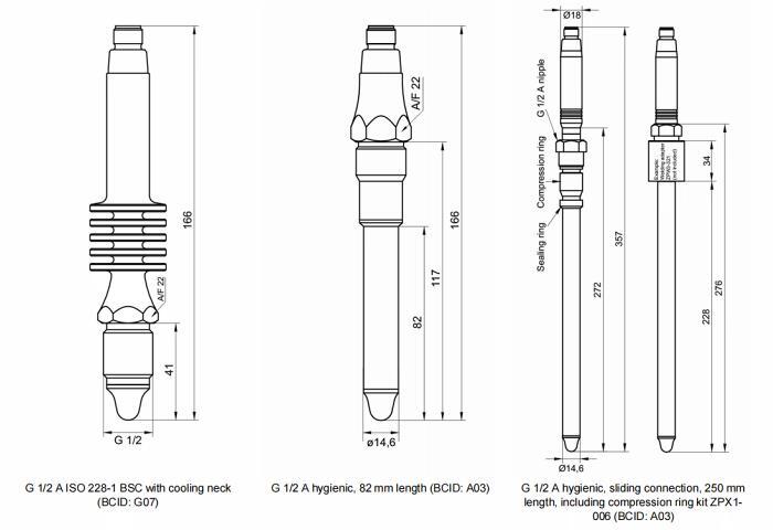 G  1/2  A  ISO  228?1  BSC  帶冷卻頸（BCID：G07）、G  1/2  A  衛(wèi)生型，長度  82  毫米（BCID：A03）及G  1/2  A  衛(wèi)生型滑動連接，長度  250  mm，包括壓縮環(huán)套件   ZPX1?006（BCID：A03）的尺寸圖