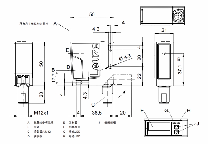 ODS9L2.8/L6X-200-M12 傳感器的尺寸圖